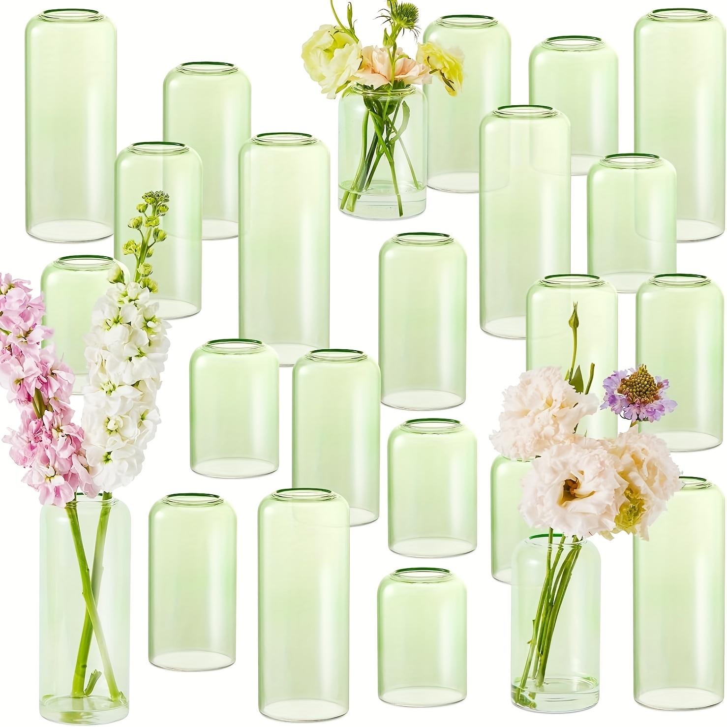Set van 4 groene vaasjes, hoogte 14 cm, grijs, glas, bloemenvaas, tafeldecoratie, lente, bloemendecoratie, glazen vaas, decoratieve vaas Set van 4 groene vaasjes, hoogte 14 cm, grijs, glas, bloemenvaas, tafeldecoratie, lente, bloemendecoratie, glazen vaas, decoratieve vaas