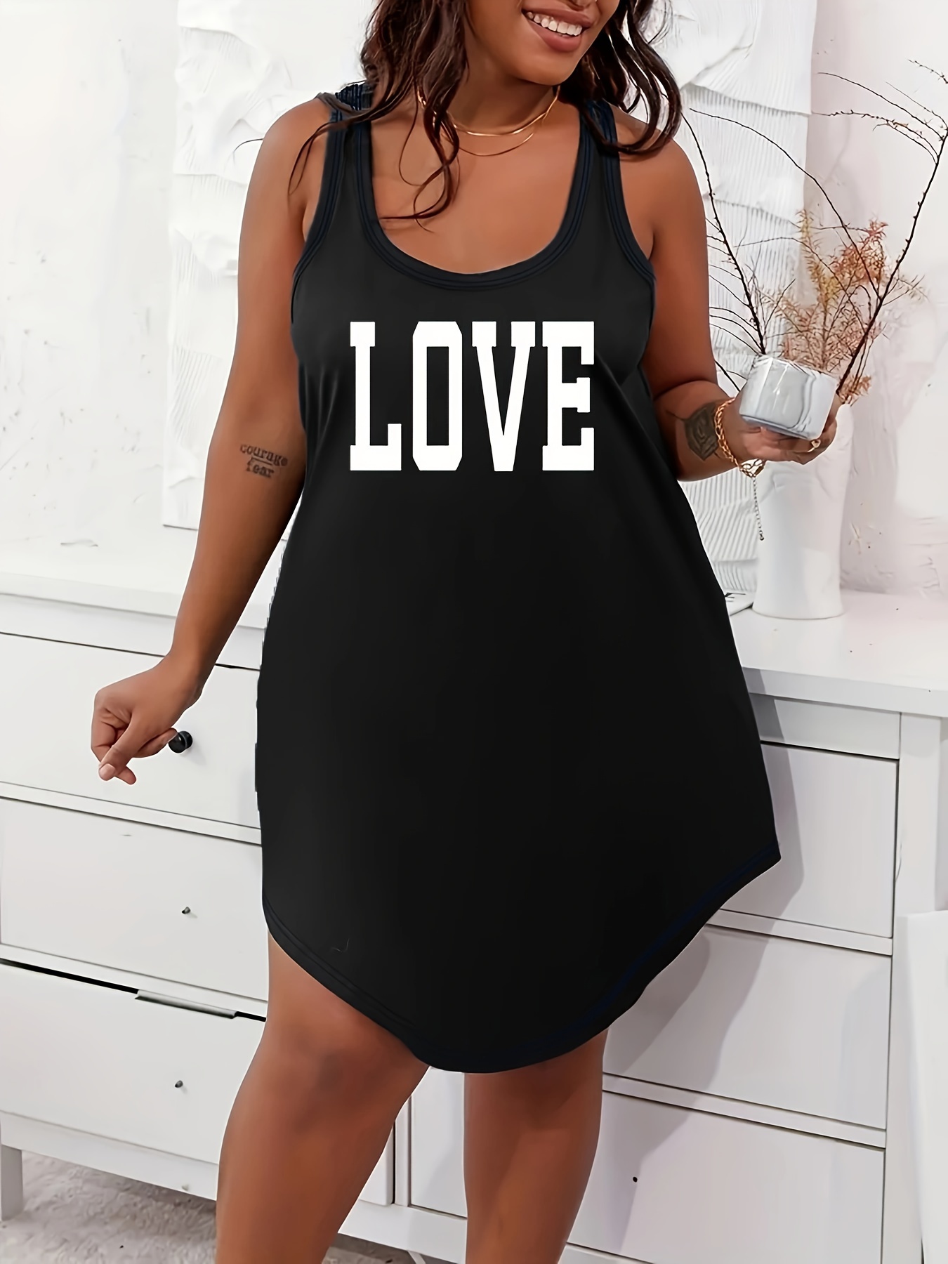 Women's Plus Casual Lounge Dress, Plus Size Letter Graphic Scoop Neck Racer Back Tank Home Wear Dress
