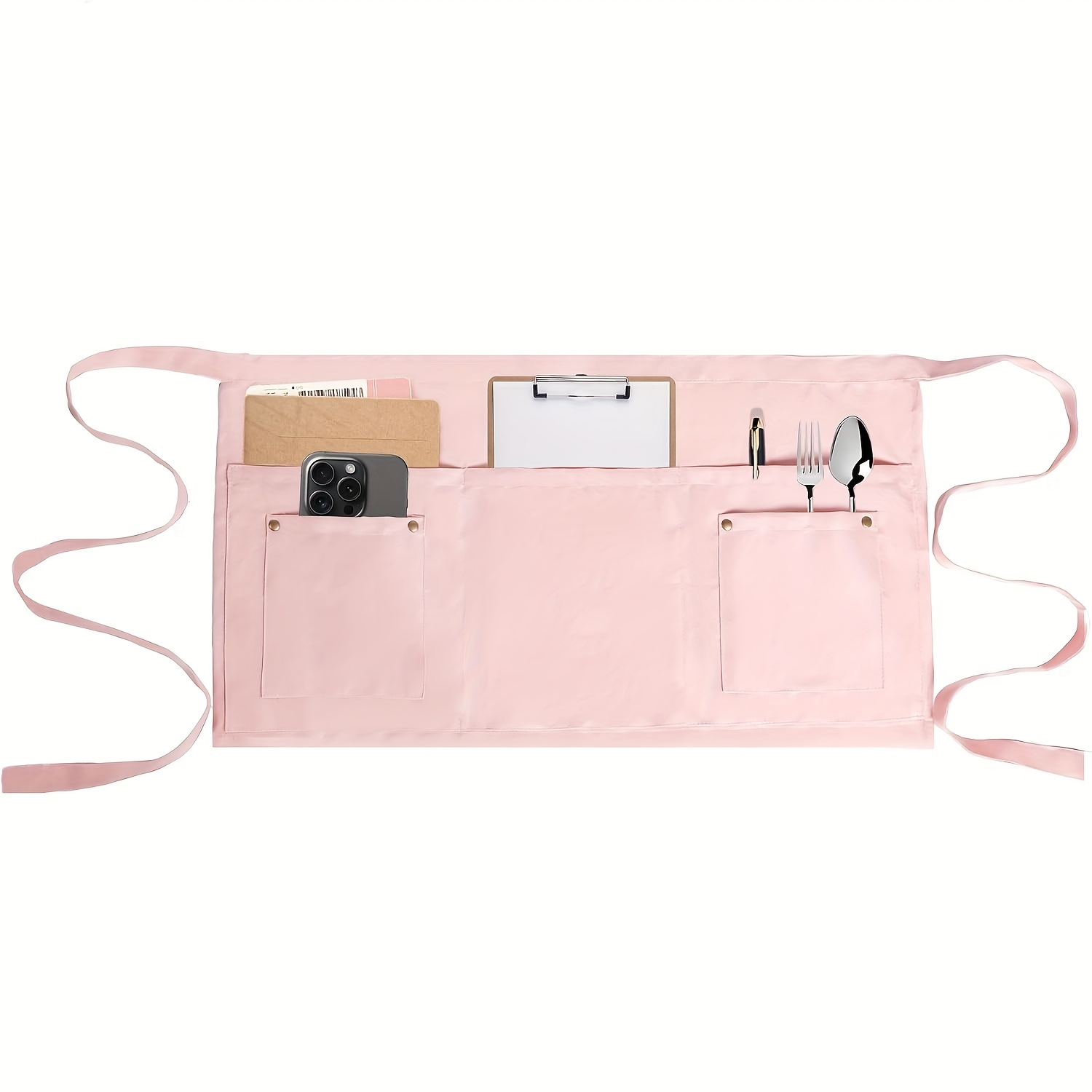 Image of Server Apron With 5 Pockets - Rivet Unisex Short/half Waiter Waist Short Apron, Suitable For Coffee Shops, Restaurants, Kitchens, And Household Use