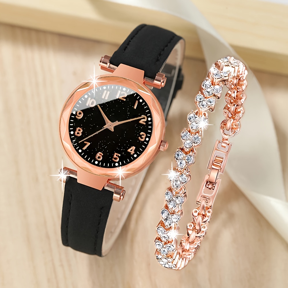 

2 Pcs Wrist Watches Pu Leather Strap Alloy Pointer Quartz Watch And Bracelet Set For Women Gifts For Eid