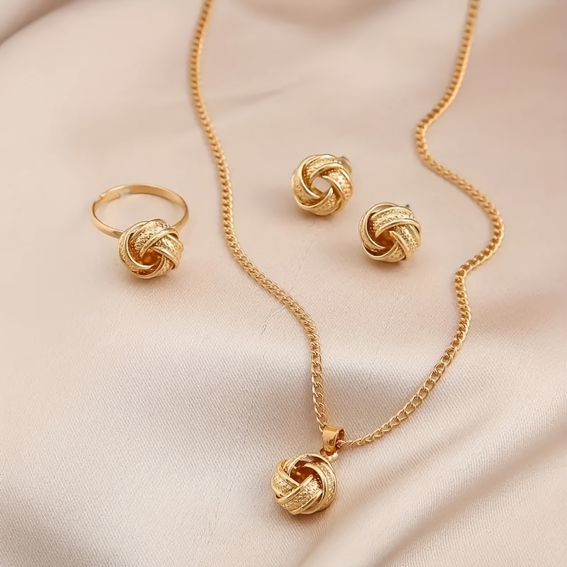 TEMU Conjunto de joyería para mujer fácil de usar, aretes de botón esféricos dorados, anillo, colgante y collar