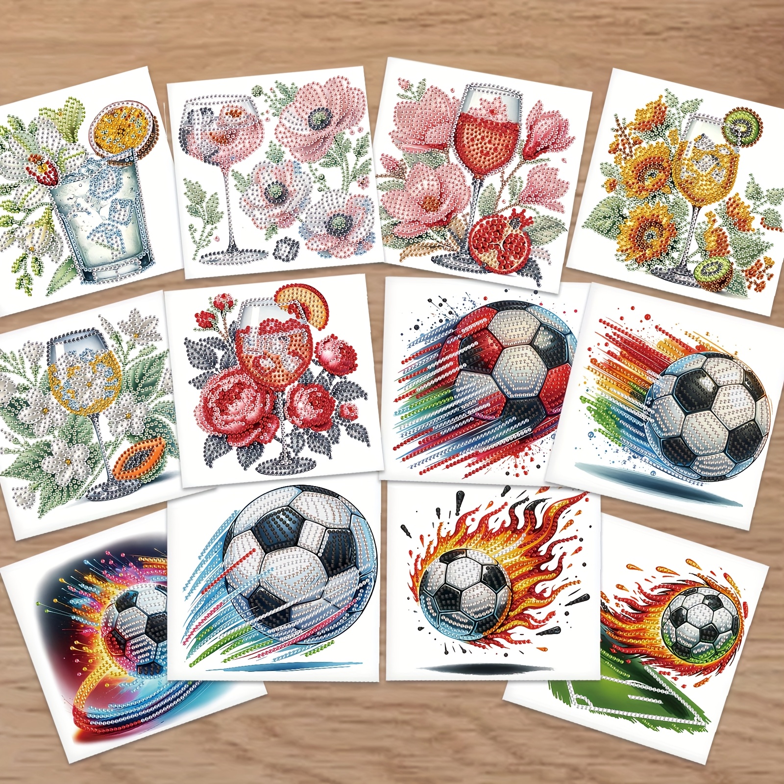 TEMU 12pcs Diy Diamond Painting Greeting Card Kit - Vibrant Football And Floral Designs, Includes Envelopes, Acrylic Round Diamonds, Handmade Holiday