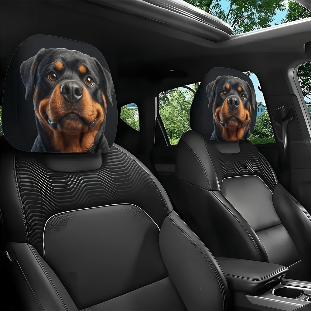 TEMU 2pcs Of Fun Rottweiler Print Car Headrest Covers, Without Filling Material. And Clean. Suitable For Travel Or Daily Commuting. Suitable For . An