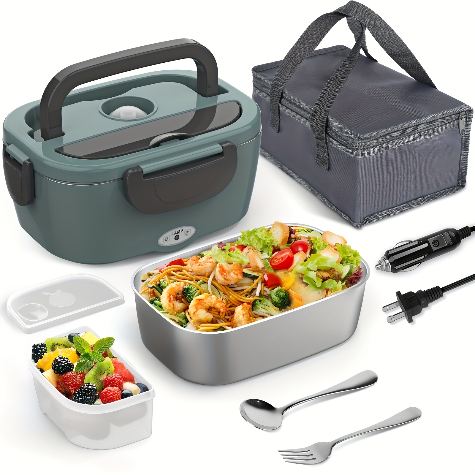 TEMU Electric Lunch Box Food Heater 3 In 1 Portable Warmer Leakproof Heated Box For Adults, 12v/24v 110v Heating Microwave For Car/home With 1.5l Removable Stainless Steel Container