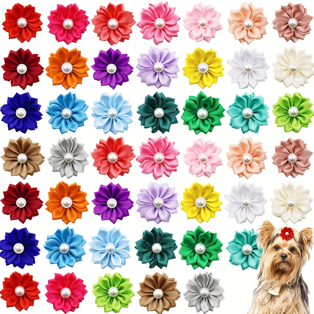 

20pcs Flower Dog Hair Bows With Rubber Bands, Dog Pearl Topknot Bows Cat Yorkie Dog Puppy Hair Bows, Small And Medium Pets Hair Accessories, 20 Colors