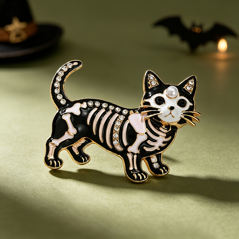 TEMU 1pc Solevdo Gothic Skeleton Cat Brooch Pin - Rhinestone & Lapel Collar Pin Suitable For , Bone Kitten Jewelry For Bags, Coats, Hats, Halloween