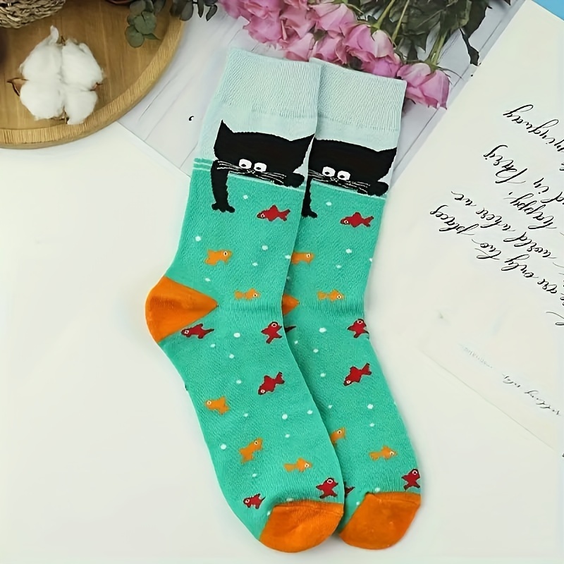 

Men's Fashion Cartoon Cat Fishing Pattern Mid-calf Socks, Cotton Blend, Breathable Comfort, Knit Fabric, 98% Cotton 2% Polyester, Hand Washable - 1 Pair