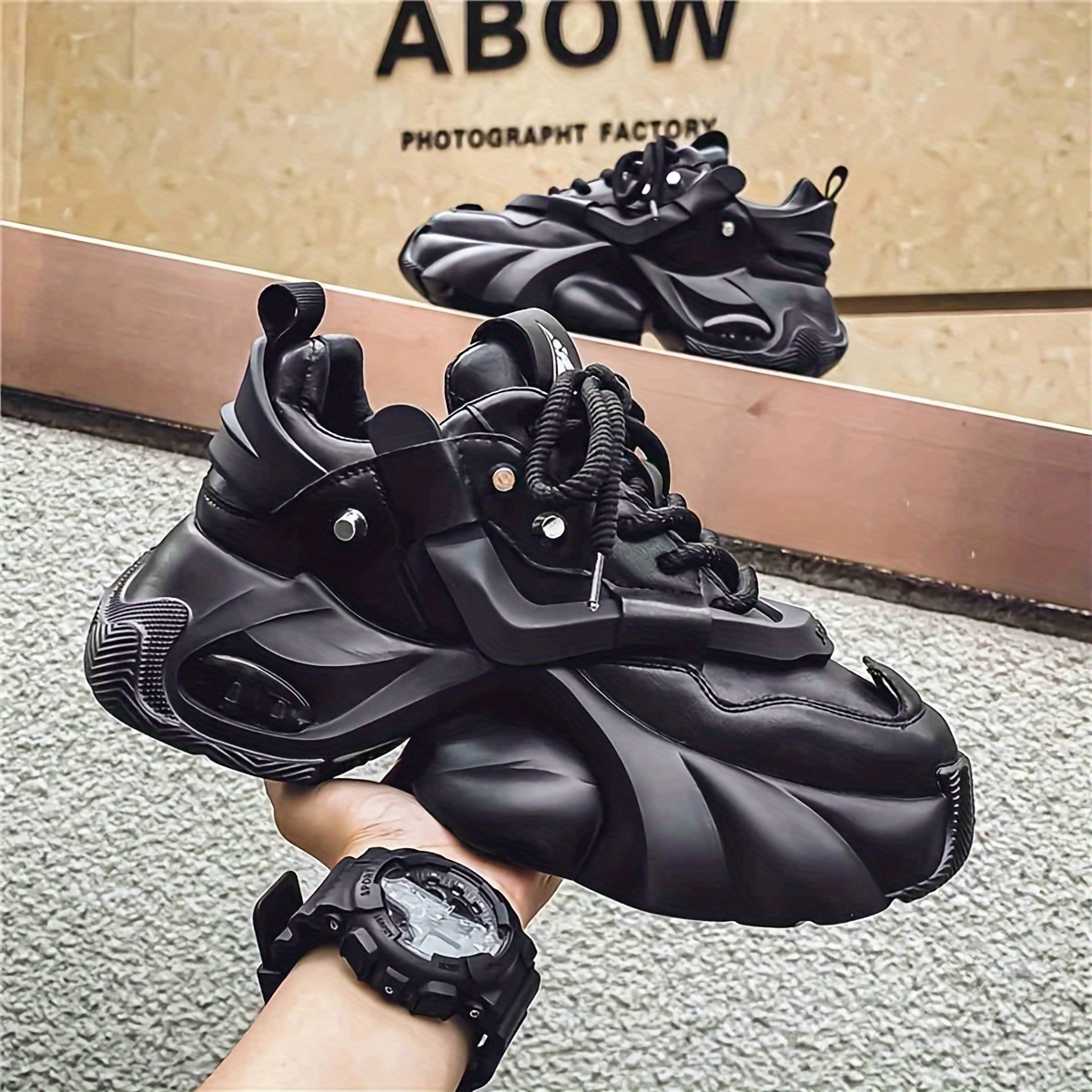 

Men's Trendy Black Chunky Sneakers - Casual Dad Shoes With Braided Laces, , And Eva Insole For