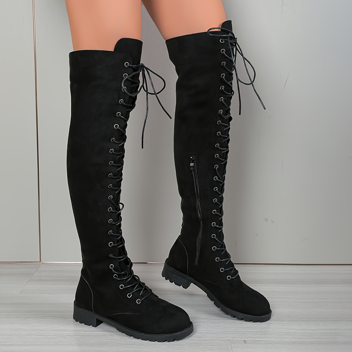 womens black knee high boots lace front side zipper chunky Temu