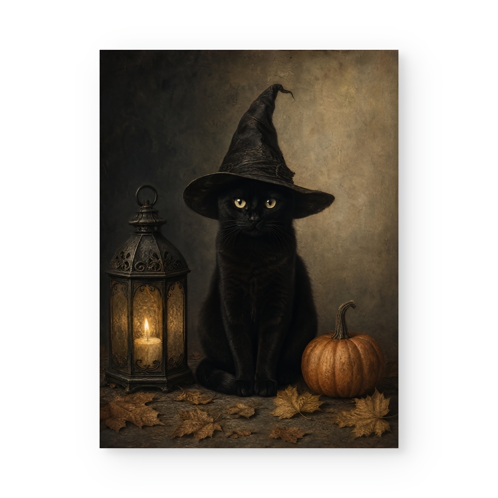 TEMU 2d Flat, 2d Flat, Posters And Prints Unframed Canvas Wall Art Modern Gothic Cat Witch Hat Pumpkin Lantern Autumn Halloween Decor Printing For