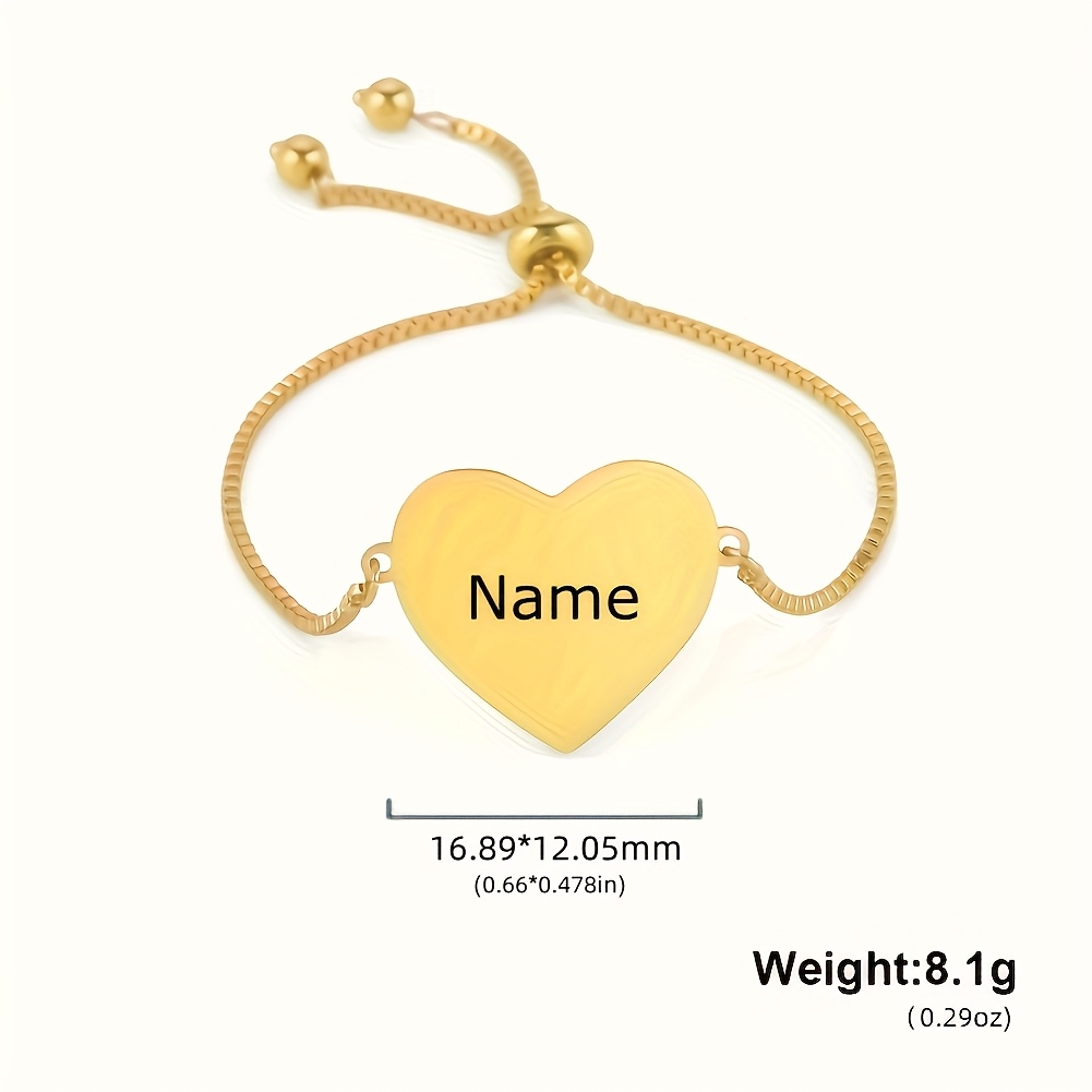TEMU 1pc Bohemian Style Personalized Engraved Name And Date Heart Pendant Stainless Steel Chain Bracelet Elegant Holiday Gift Customizable Family