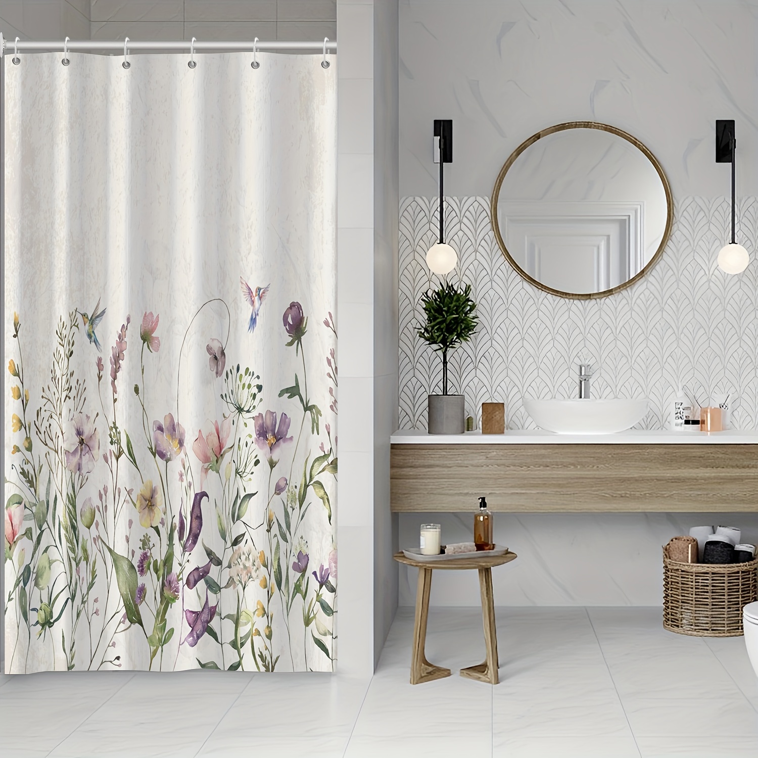 White and Gray Floral Shower Curtains with Hooks Bathroom Decor