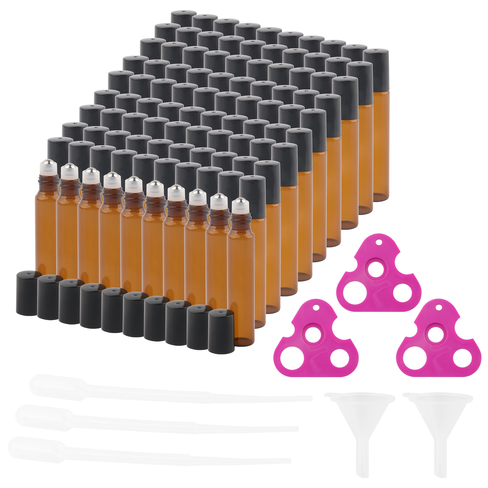 

100pcs Glass Roller Bottles For Essential Oils & Perfume - 1ml/2ml/3ml/5ml/10ml Sizes, Amber Glass With Black Caps, Includes Pipettes & Funnels, Hand Wash Only, Essential Oil Roller Bottles