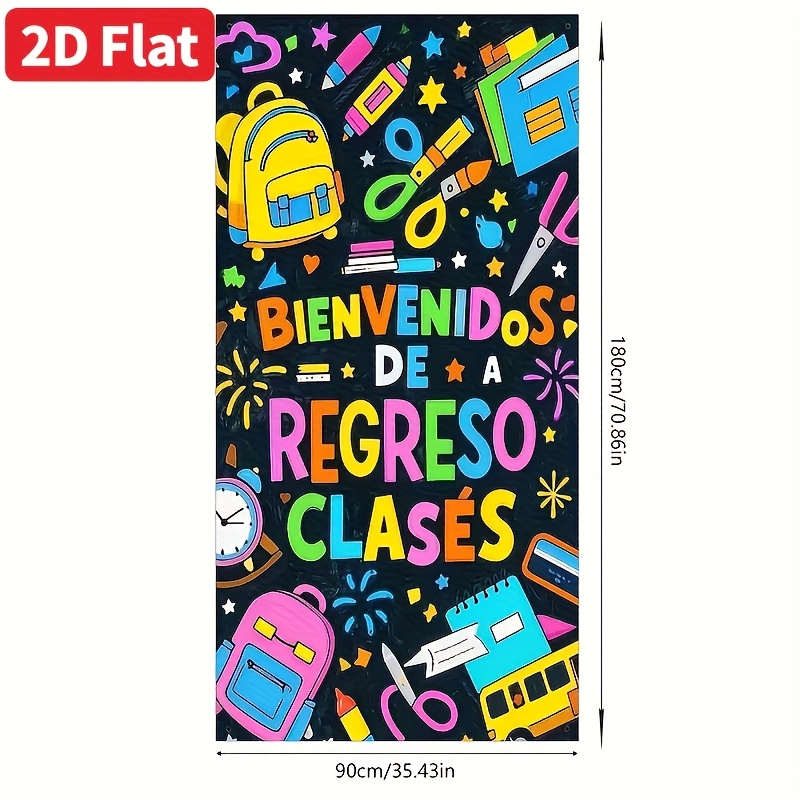 TEMU 2d Flat, 1pc Vibrant Back-to-school Banner - 35x70 Inch Polyester Door Frame Decoration With Colorful School Design, Scissors, Books & Stars,