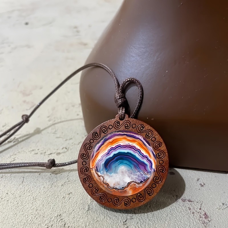 Multicolor Textured Wooden Necklace, Retro Style