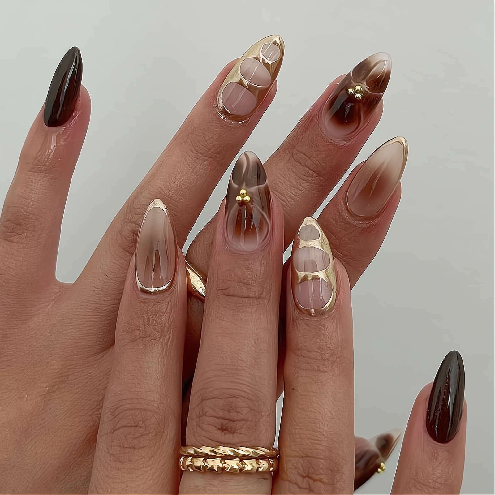 TEMU 24pcs Almond Shape Press On False Nail Set Medium Design With Bead Halo Dyed Flowers Glossy Full Coverage - Glossy Effect Each Box Comes With