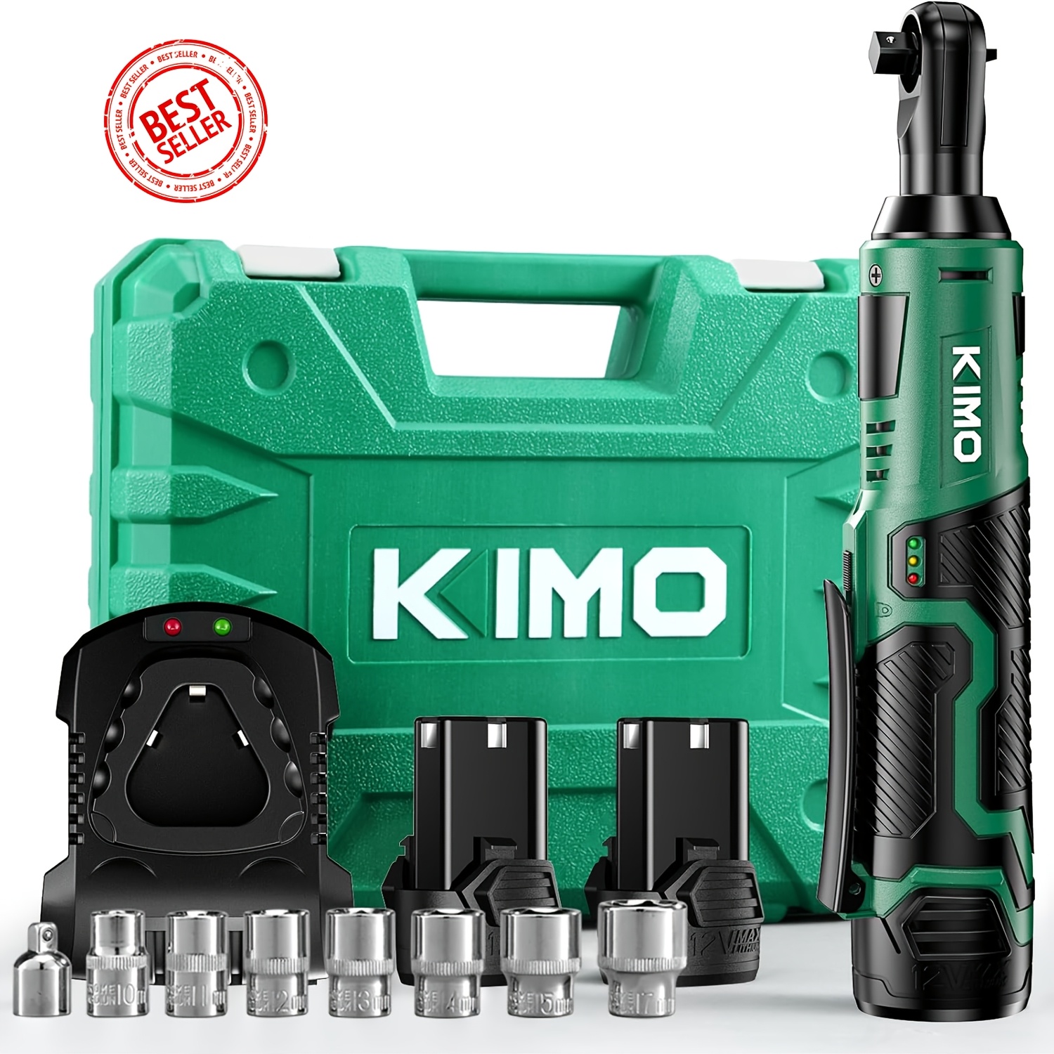 

2 Packs 3/8"inch Kimo Cordless Electric Ratchet Wrench Set With 2 Lithium-ion Batteries, Fast Charger, 7 Sockets Kit, And Toolbox - Green", Battery Rechargeable Car Repair Tool Set Angle Wrench