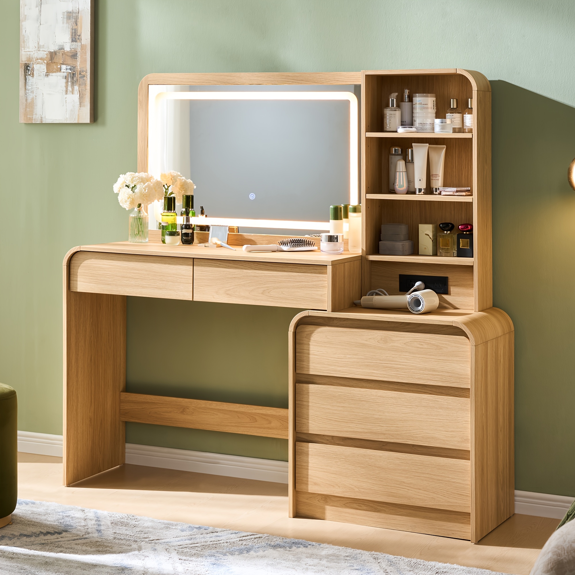 TEMU Makeup Vanity Desk With 5 Drawers, Vanity Table With Touch Screen Led Mirror & Charging Station For Bedroom, Adjustable Shelf, Curved