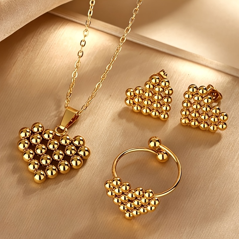 TEMU Ensemble trois pièces pour femmes : bague, boucle d'oreille et collier en acier inoxydable doré avec perles rondes de cœur, , tendance et