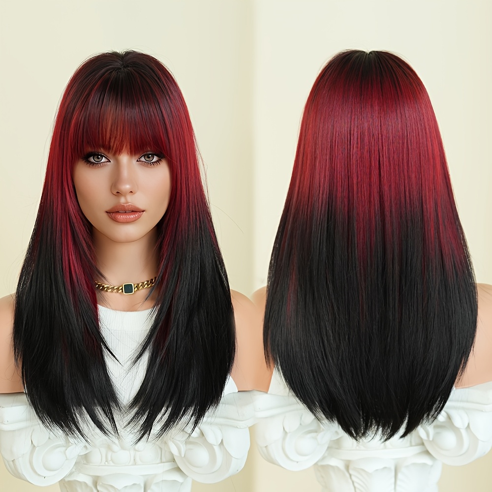 Image of Costume Wigs Shoulder Length Straight Wigs With Dark Halloween Dress Up Wigs High Density Berry Red Wigs For Women Daily Party Use Carnival Music Festival Heat Resistant Synthetic Fiber 22 Inch