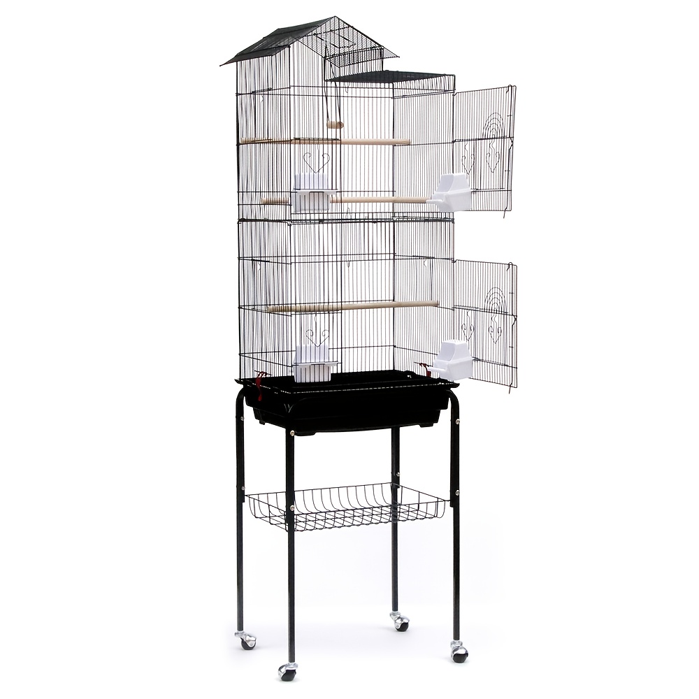 Large Detachable Metal Bird Cage With Wheels | Suitable For Living Room Or Balcony, Stainless Steel, Black, Dimensions 46x35.5x158.5cm