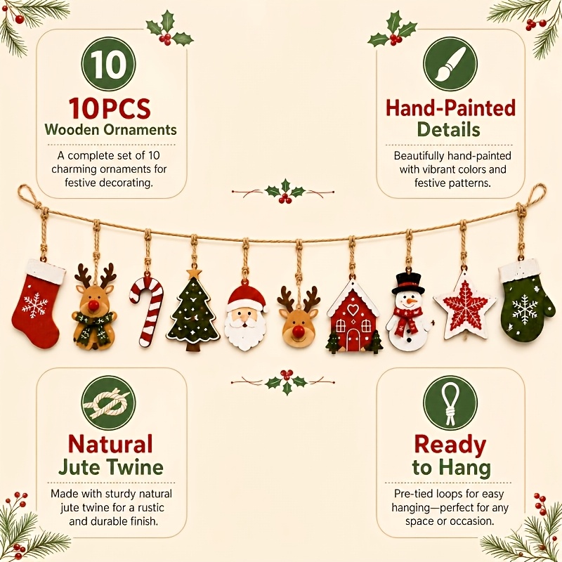11pcs Christmas Wooden Ornament Set, Country Style Wooden Hanging Decoration Set Including Santa Claus, Reindeer, Snowman, Christmas Tree, House, Star, Stocking, Christmas Tree Decor, Holiday Ornaments