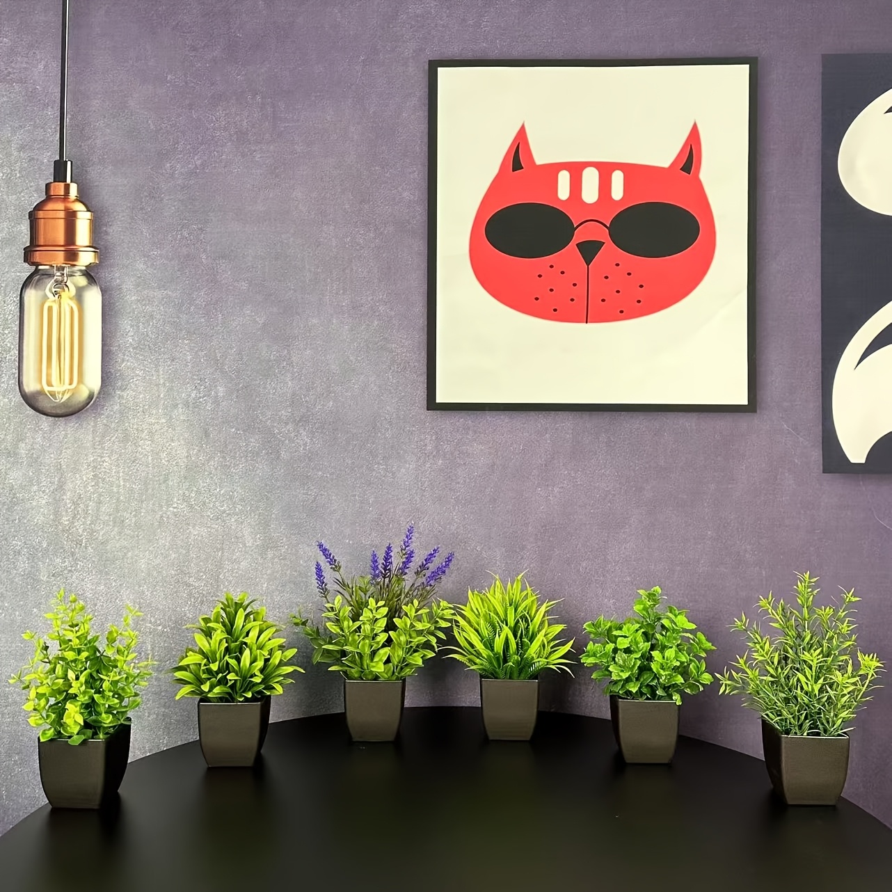 Image of 6pcs Small Artificial Black Flowerpot Green Plant, Simulated Plant Home Decoration Indoor, Plastic Lavender Plant Office Bathroom Bedroom Green Decoration Mini Green Plant Potted Plant