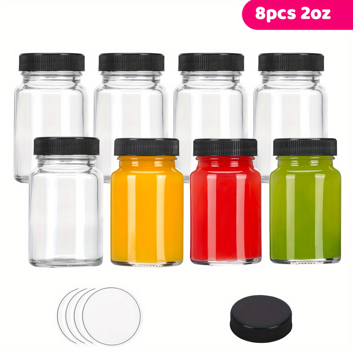 

8-pack 2oz Glass Jars With Black Lids - Bpa-free, Lead-free Small Bottles For Juices, Oils, Ginger Shots - Wide Mouth Mini Jars With Waterproof Labels & Temper Seal Caps For Travel & Storage