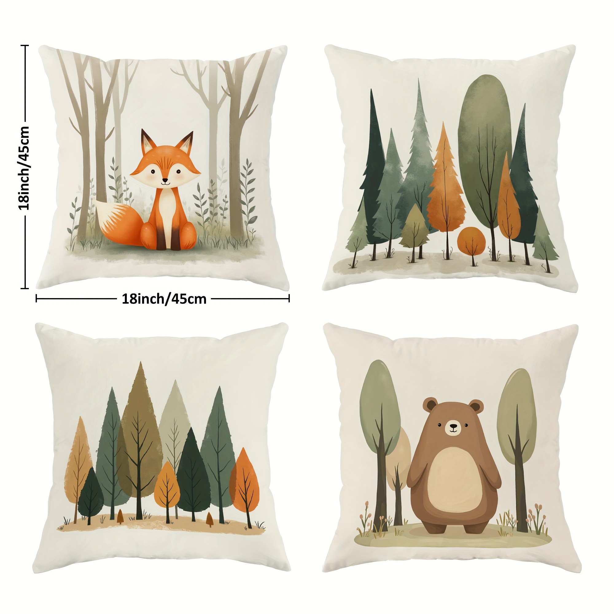 TEMU 4pcs Forest Animal Pillow Covers, Bear And Fox Pattern, Modern Cartoon Style , Orange And Beige, Soft Comfortable And Breathable, Ideal For