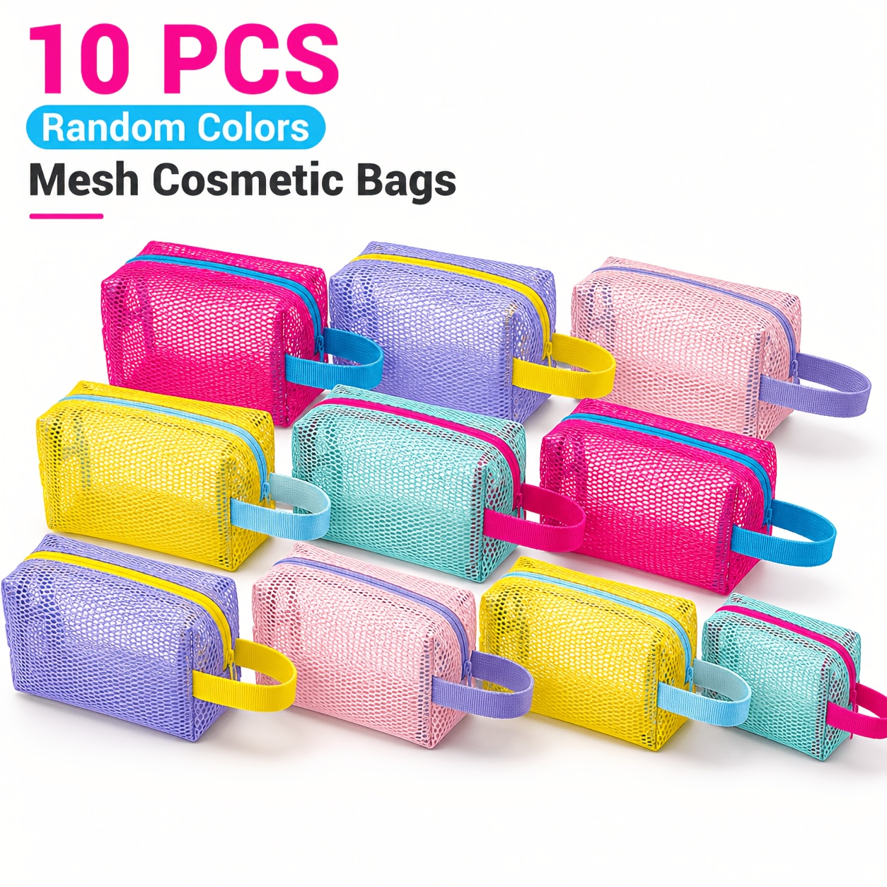 TEMU Random Color Pack 10pcs Colorful Mesh Cosmetic Bags Set, Travel Makeup Organizer, Portable Toiletry Storage Pouch