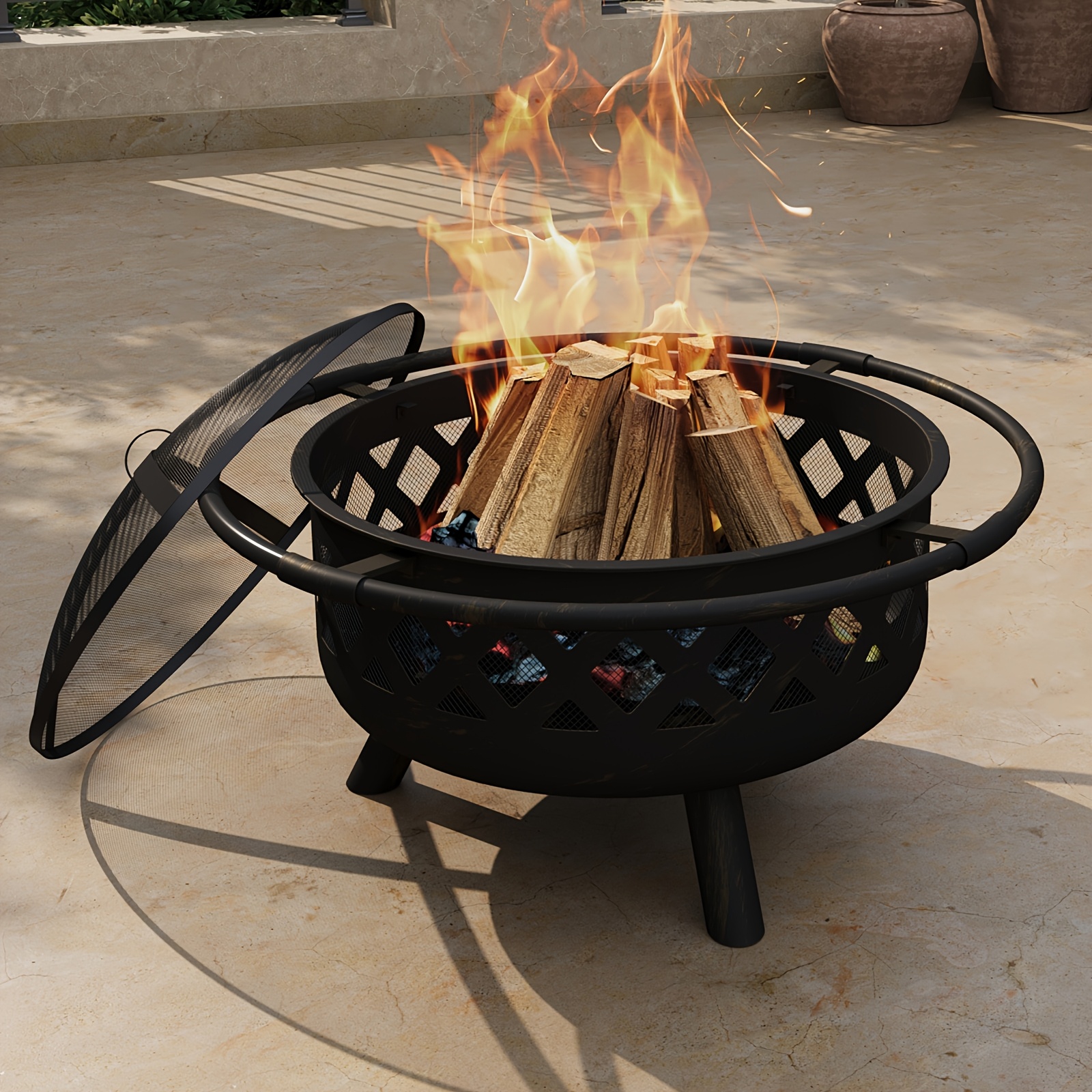 

30" 2-in- Pit With Metal Bbq Grill & Spark Screen - Alloy Outdoor Fire Pit For Patio, Backyard, And Garden Use - Black Wood Burning Design With Handles For Easy Handling