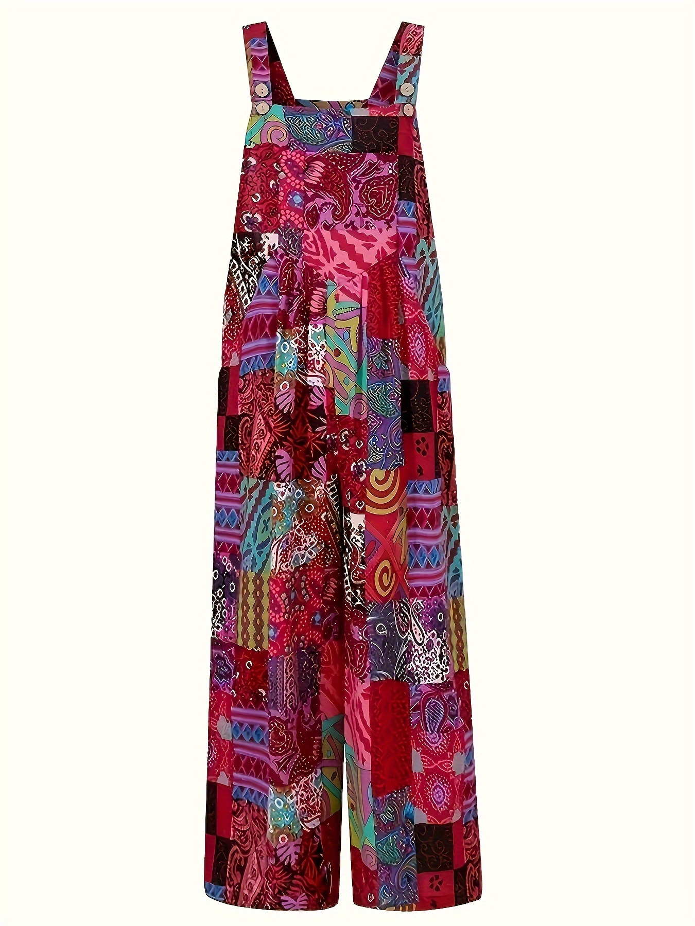 Geometrical Pattern Print Overall Jumpsuit, Casual Button Decor Sleeveless With Pocket Overall Jumpsuit For Spring & Summer, Women s Clothing details 2