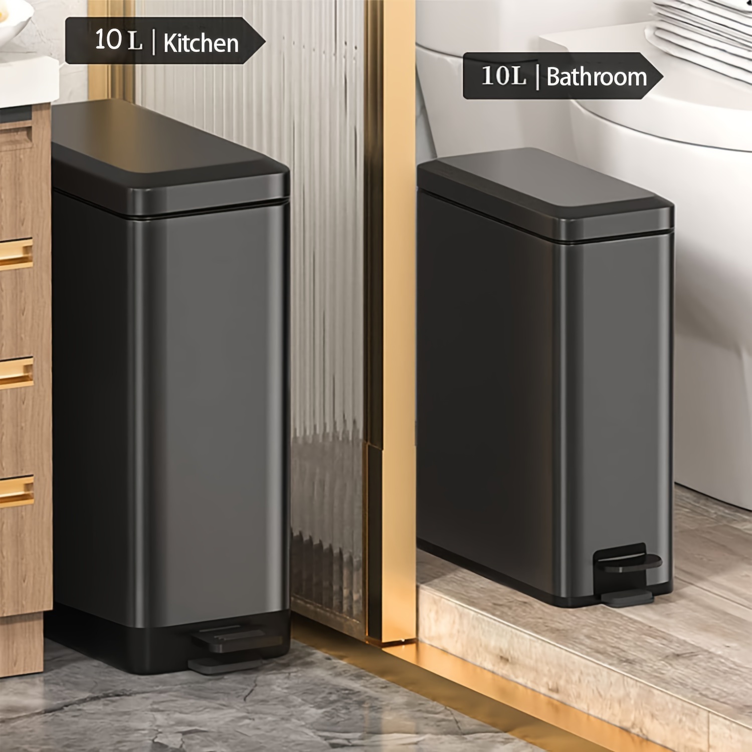 

Sleek Black Stainless Steel Foot-operated Trash Can, 2.64 Gallon (10l) - Ultra-thin Design For Tight Spaces, Lid, Inner Bin & Step Pedal, Ideal For Kitchen & Bathroom