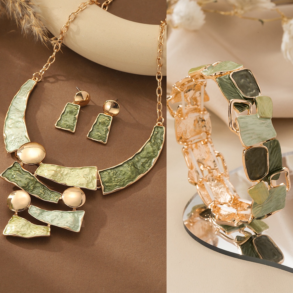 TEMU Coco Women's Alloy Enamel Geometric 3pcs Jewelry Sets, 1 Pair Earrings 1 Necklace 1 Bracelet Fashion Bangle Necklaces Set For Women Trendy,