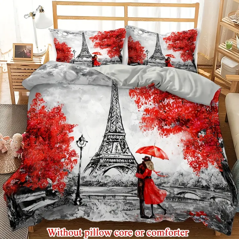 2 3pcs 1 duvet cover 1 2 pillowcase without core romantic france tower valentines day rainy romantic couple print soft comfortable bedding set for bedroom dorm room family gift Product details 5