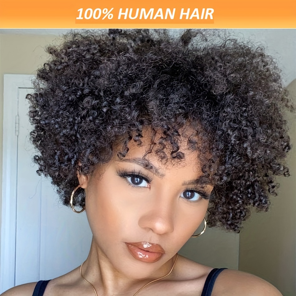 

Chic 200% 6-inch Afro Layered Wigs Human Hair For Women - Brazilian , Short Wig With Bangs, Non Lace Rose Cap, Non Needed Glue For Daily Party & Date &