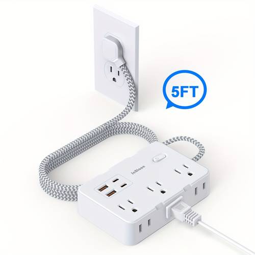 5ft protector power strip with 6 ac outlets 4 usb ports 2a 2 thin flat plug design 110v 220v wall mounted for dorm home college apartment essentials power strip protector