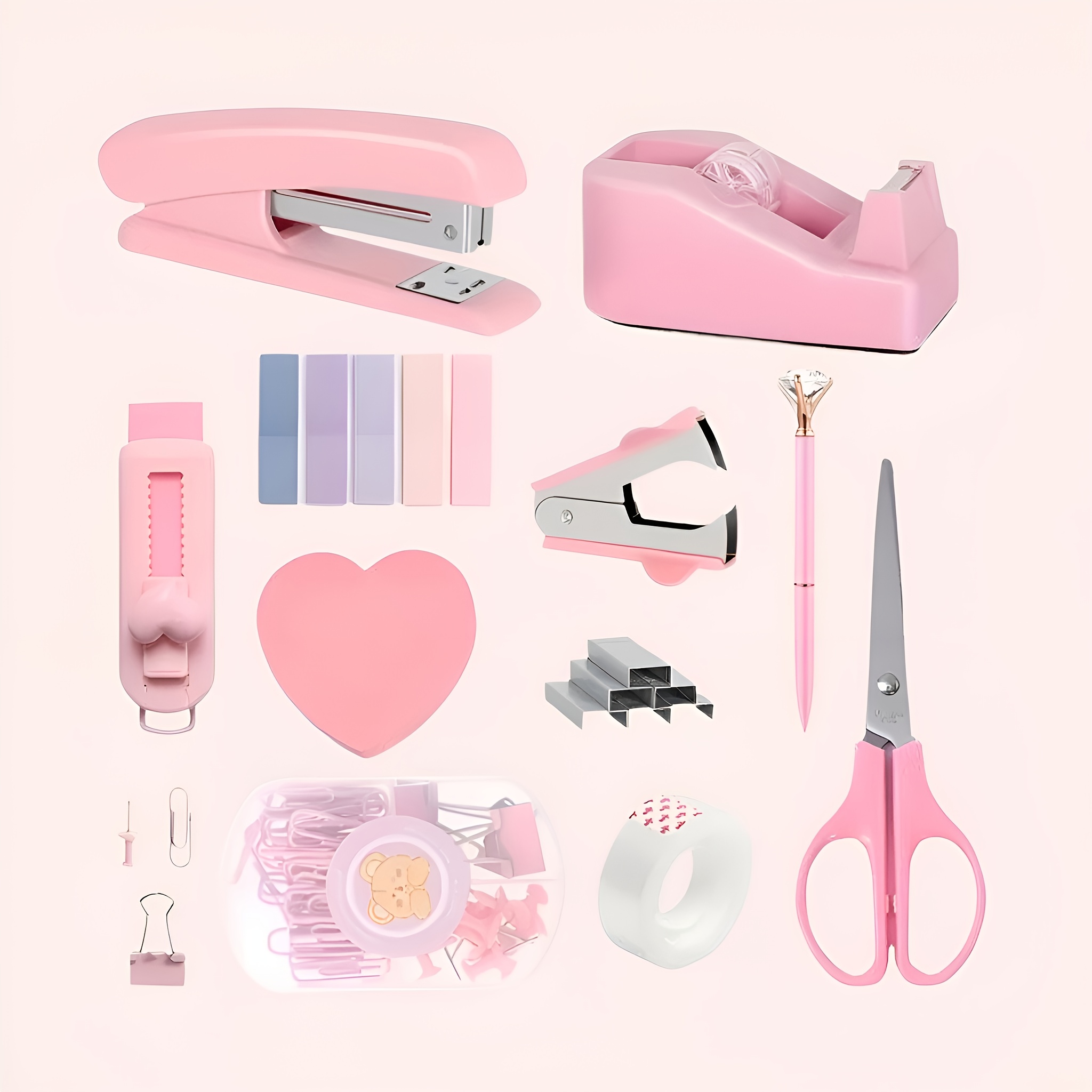 TEMU Office Desk Supplies, Pink Office Supplies, Stapler, Tape Dispenser, Scissors, Clips And 1000 , Pen, Eraser