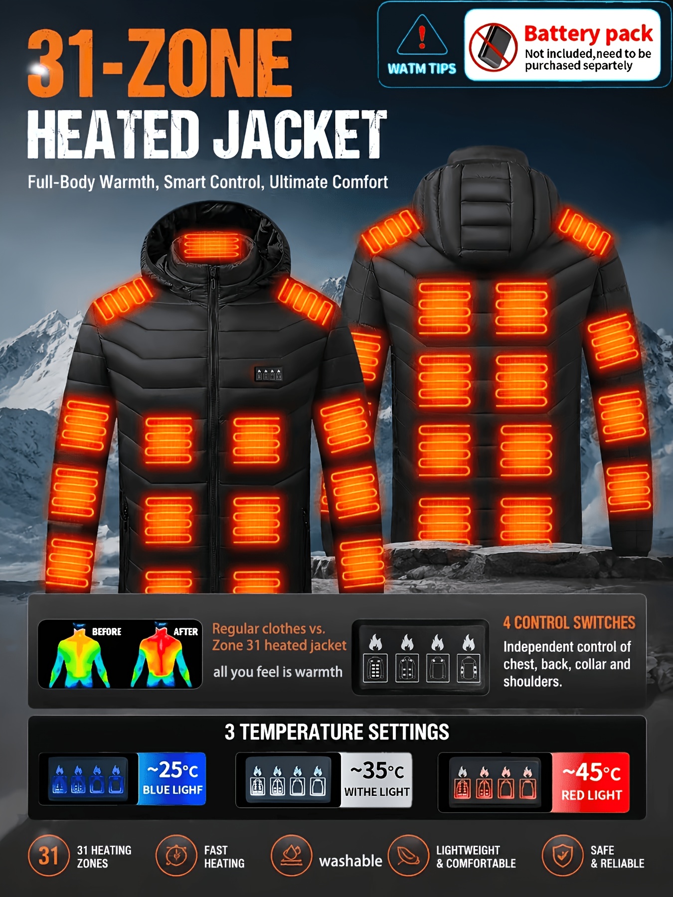 Artikelbild 2026 neues unisex 31 heizzonen smart heizjacke mantel, abnehmbare kapuze schnelles usb-aufladen, intelligente elektrische heizung, einstellbare temperatur einstellungen winter outdoor essential ausrüstung, stilvolles und praktisches heizjacke design (batterie nicht enthalten)