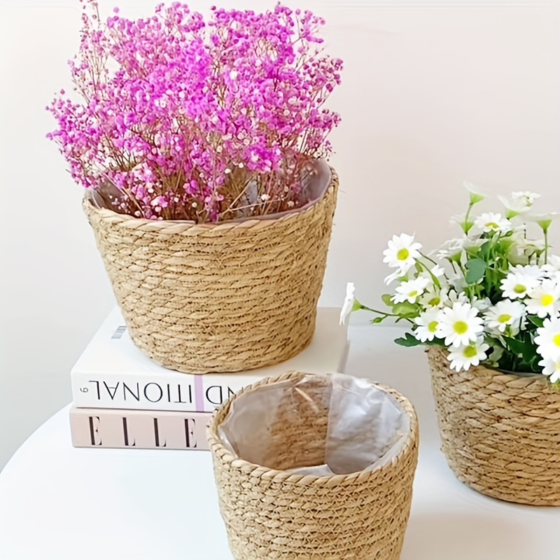 

decorative" Boho-chic Woven Rattan Planter Basket - Striped, Weather-resistant Indoor Flower Pot Cover For Home & Garden Decor