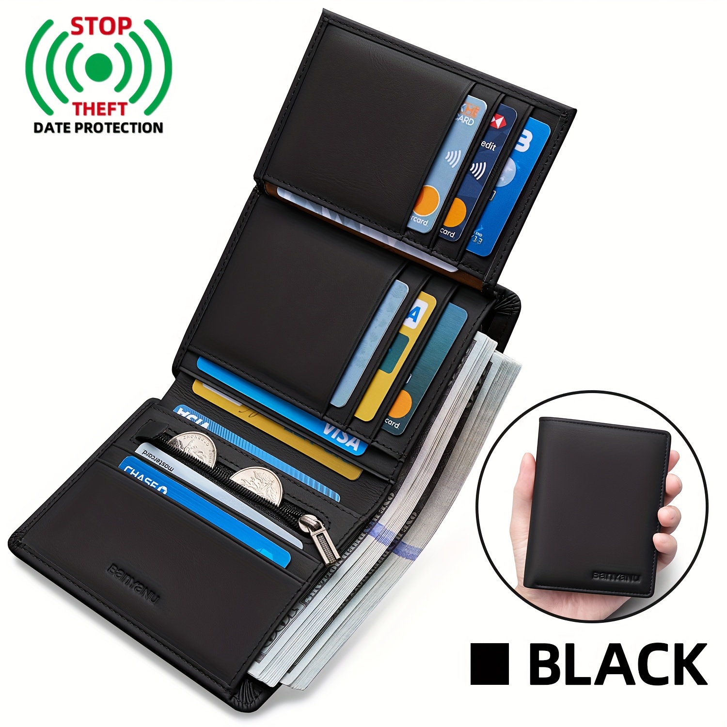 Banyanu Genuine Leather Three-fold Wallet For Men, 13 Card Slots With Anti-theft Feature