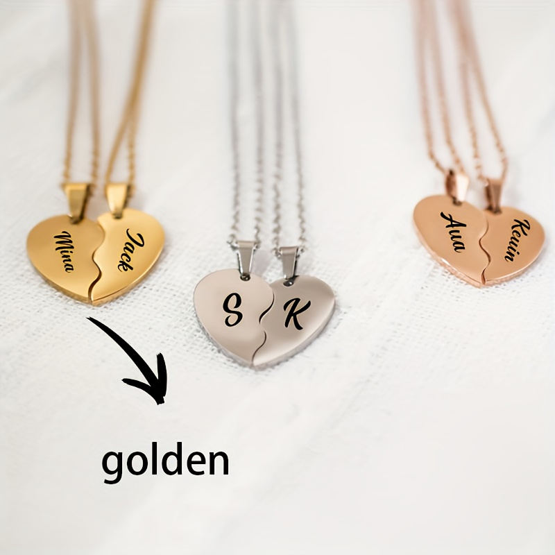TEMU Customized A Pair Of Necklace Heart Pendant Necklaces, Engraved With Name Or Initials, Is A Great Gift For Girlfriend On Valentine's Day,