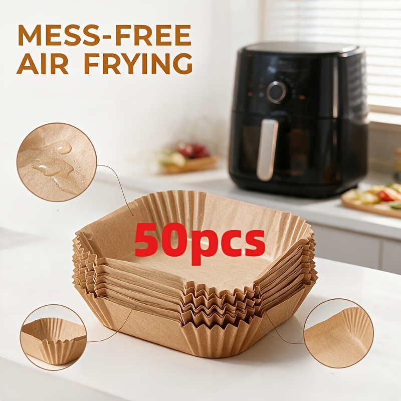 TEMU 50 feuilles de papier de cuisson pour friteuse à air - Feuilles carrées non blanchies, résistantes à l'huile et antiadhésives avec des bords