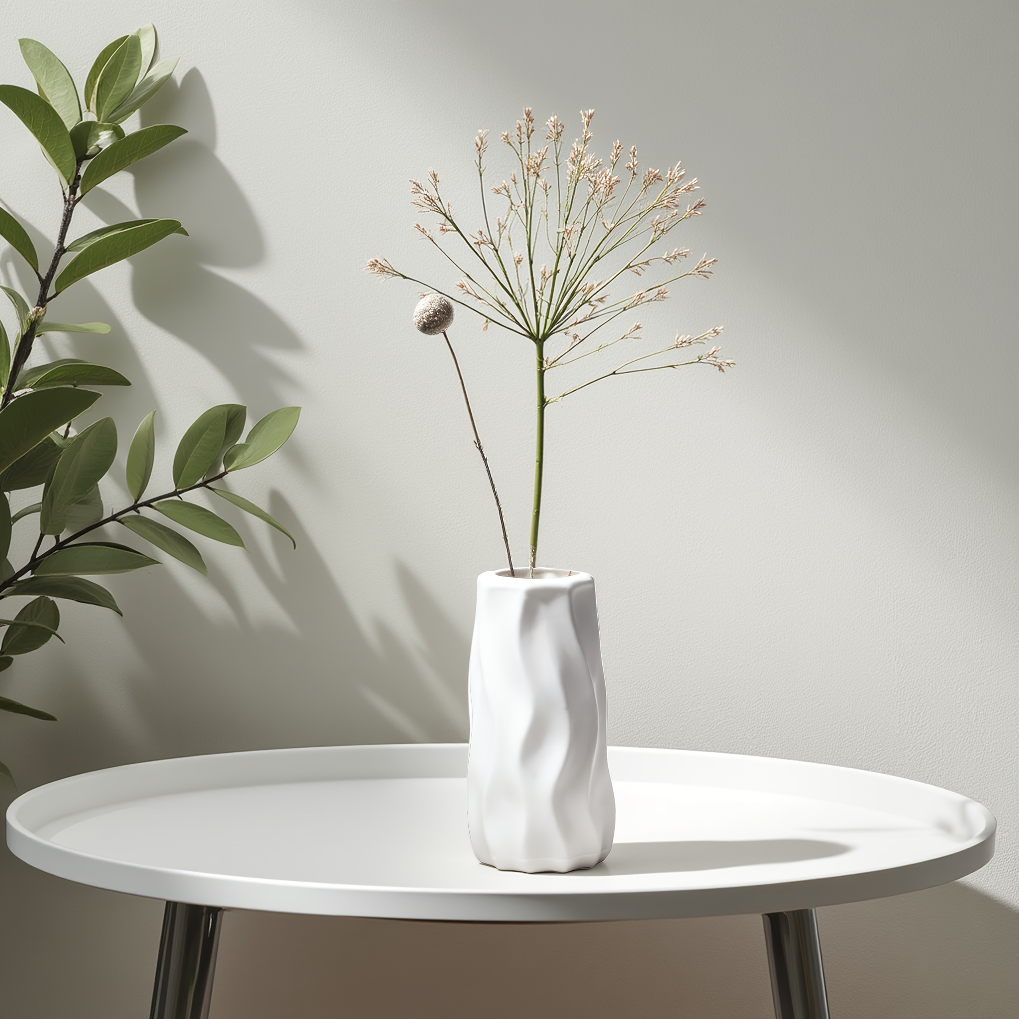 Image of Artistic Wavy Pattern Vase, White Embossed Plastic Flower Vase, In Multiple Sizes, Lightweight And -resistant Decor For Living Room, Bedroom, And Instagram- Style