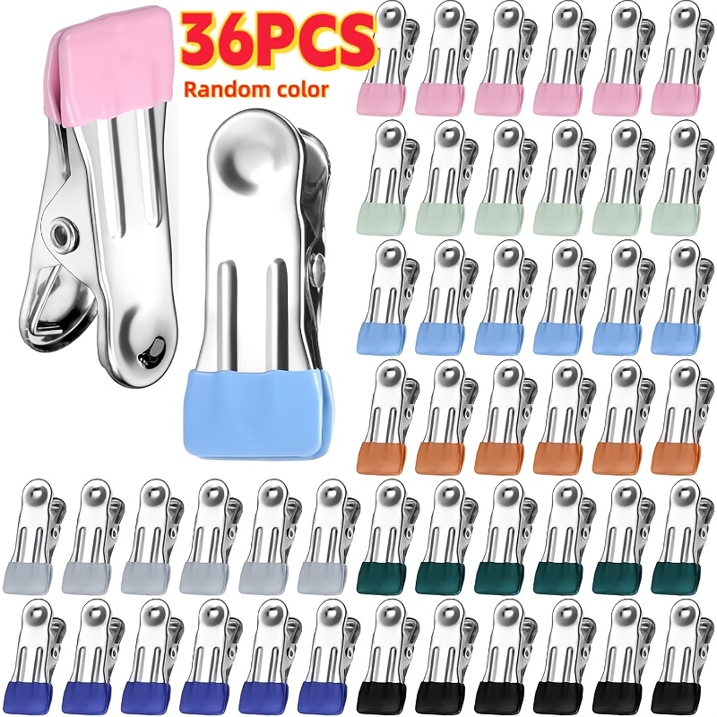 TEMU 36pcs, Random Colors - High-quality Stainless Steel Damage-free Clothes Pins, Windproof Clips, Office Paper Clips, Food Bag Sealing Clips.