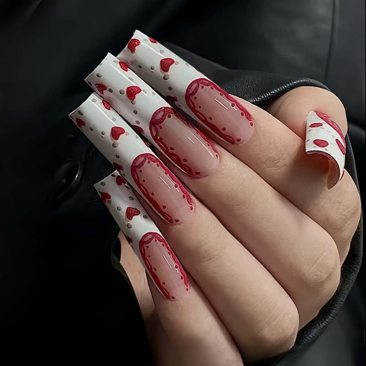 TEMU Een beetje romantiek toevoegen 24 stuks Ultra-Lange Tubulaire Witte Franse Hartjes Polka Dot Volledige Draagbare Press-On Nagel Sheets En Jelly
