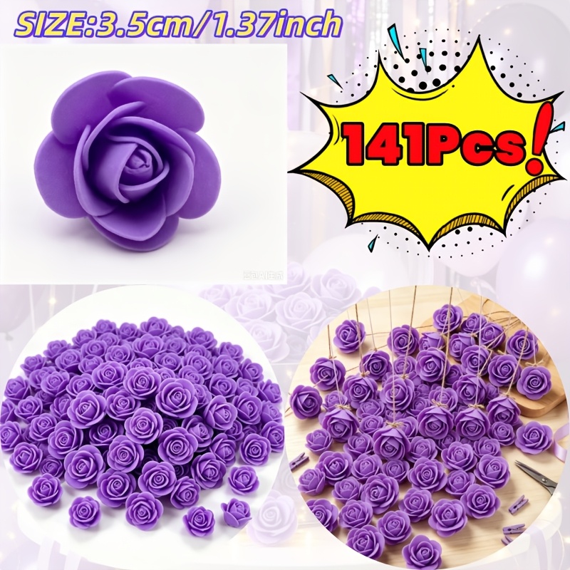 TEMU 141 piezas de cabezas de rosas artificiales púrpuras de lujo, flores falsas de PE para de San Valentín, suministros florales de mesa para