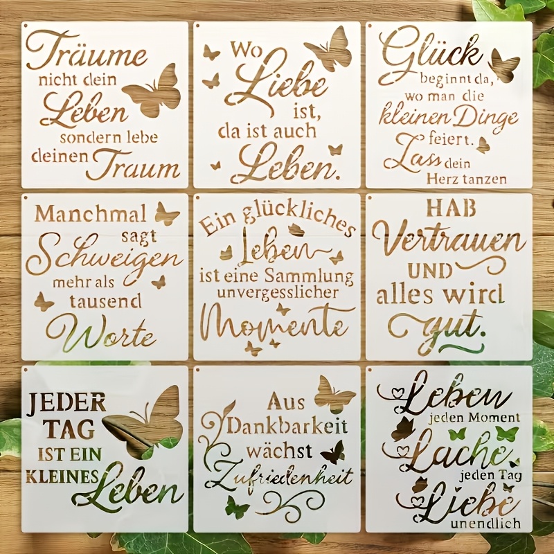 E-shop 9-teiliges Set mit deutschen Zitat-Vorlagen - 7,9" Wiederverwendbare Bastel-Schablonen, mit inspirierenden Zitaten, floralen und