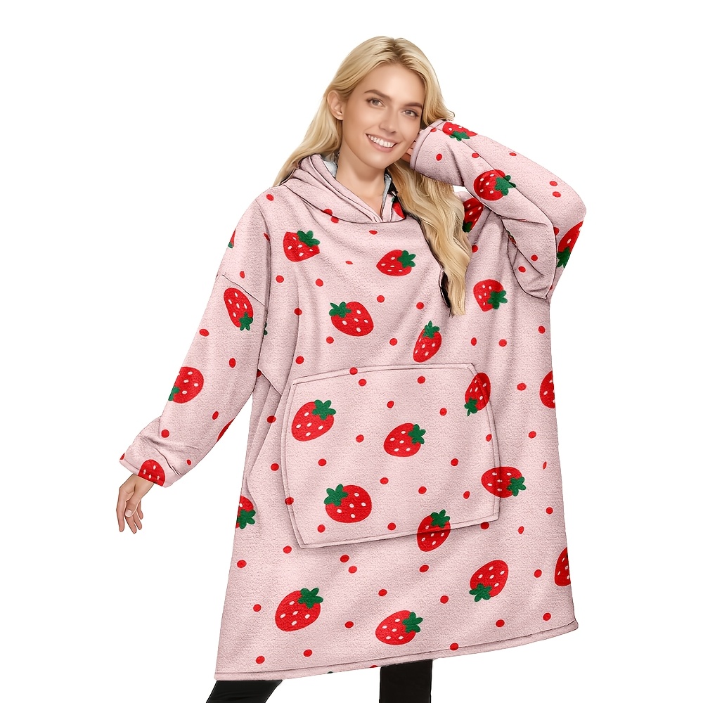 TEMU 1pc Pink Strawberry Wearable Blanket, Adult Women's Hooded Blanket, Warm And Cozy Hooded Blanket With Large Pockets, A Gift Blanket For