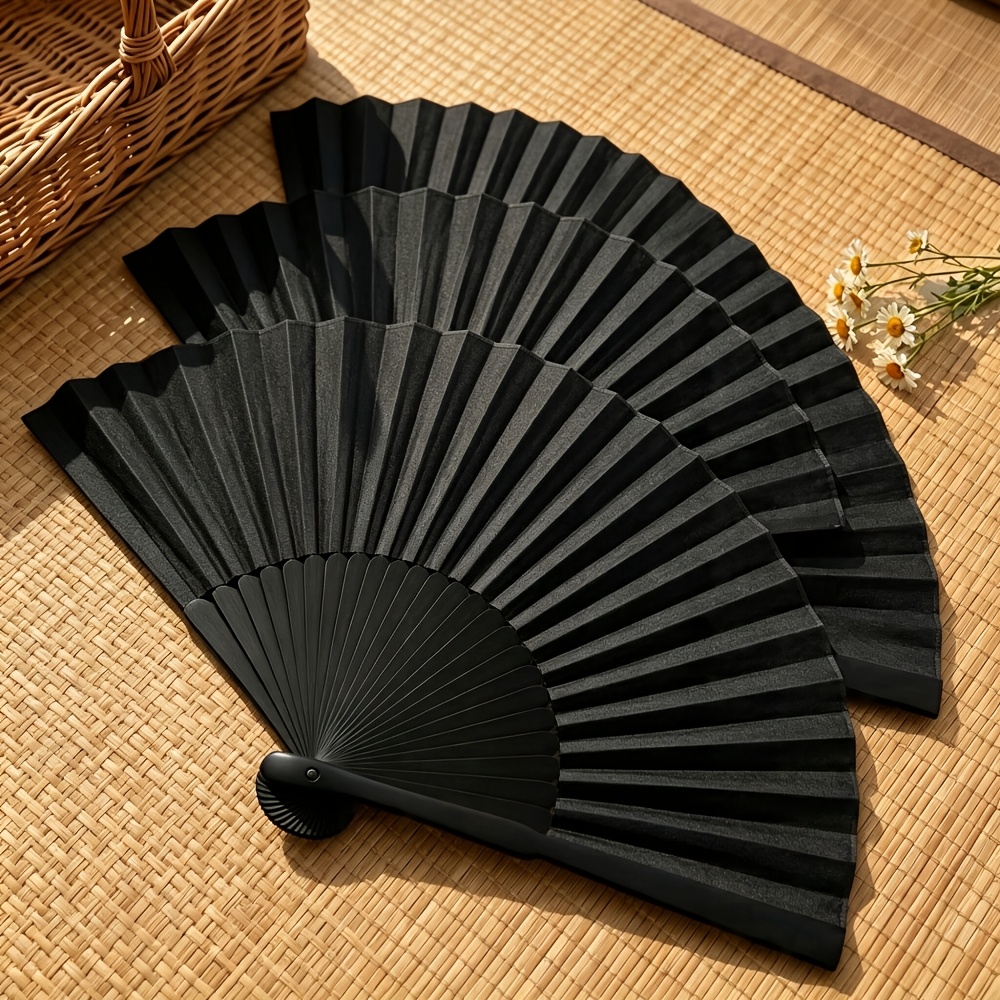 TEMU 4pcs Pack 4pcs Suitable For Outdoor Parties, Music Festivals & Daily Use - Elegant Black Vintage Bamboo Folding Hand Fans, Portable Cooling